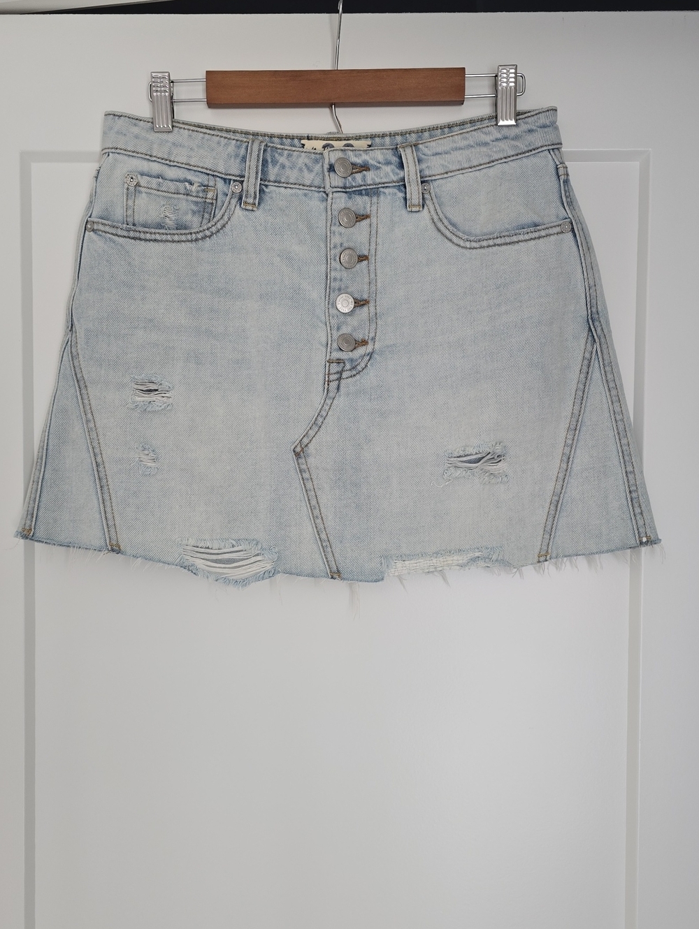 We The Free Pale Blue Distressed Denim Mini Skirt